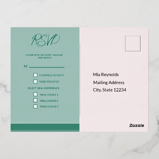 Emerald Wedding Folie RSVP Invitation Briefkaart (Achterkant)