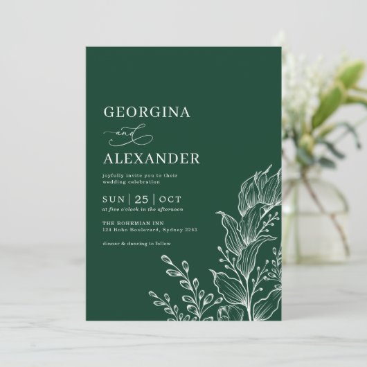 Emerald White  Botanical Floral Wedding Kaart (Staand voorkant)