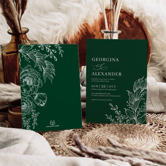 Emerald White  Botanical Floral Wedding Kaart