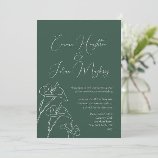 Emerald White Calla Lily Calligraphy Wedding Kaart (Staand voorkant)