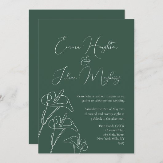 Emerald White Calla Lily Calligraphy Wedding Kaart (Voorkant / Achterkant)