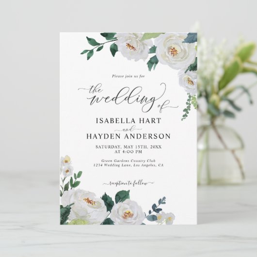 Emerald White Elegant Floral Waterverf Wedding Kaart (Staand voorkant)