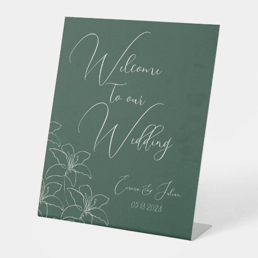 Emerald White Lilies Calligraphy Welcome Wedding Reclamebord Met Voetstuk (Voorkant)