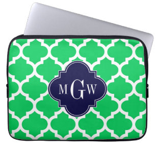 Emerald White Moroccan #5 Navy 3 Initiaal Monogram Laptop Sleeve