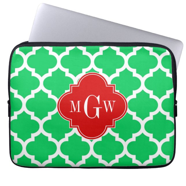 Emerald White Moroccan #5 Red 3 Initiaal Monogram Laptop Sleeve (Voorkant)