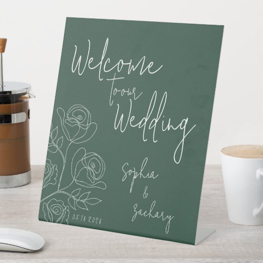 Emerald White Roses Calligraphy Welcome Wedding Reclamebord Met Voetstuk (Insitu)