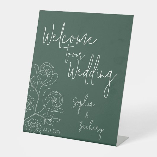 Emerald White Roses Calligraphy Welcome Wedding Reclamebord Met Voetstuk (Voorkant)