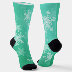 Emerald White Snowflakes Minimalistische kerstnaam Sokken