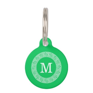 Emerald Wht Greek Key Rnd Lijst Initiaal Monogram Huisdierpenning