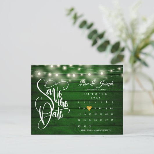Emerald Wood String Lights Calendar Save the Date Aankondigingskaart (Staand voorkant)