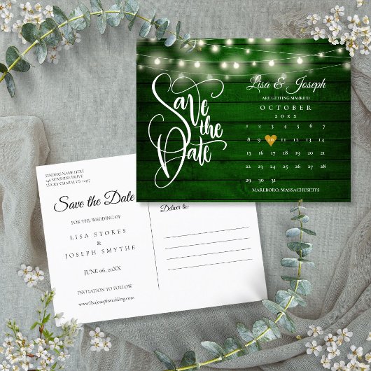 Emerald Wood String Lights Calendar Save the Date Aankondigingskaart