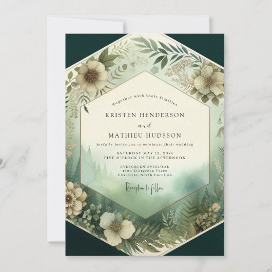 Emerald Woodland Bloom Bruiloft Kaart (Voorkant)
