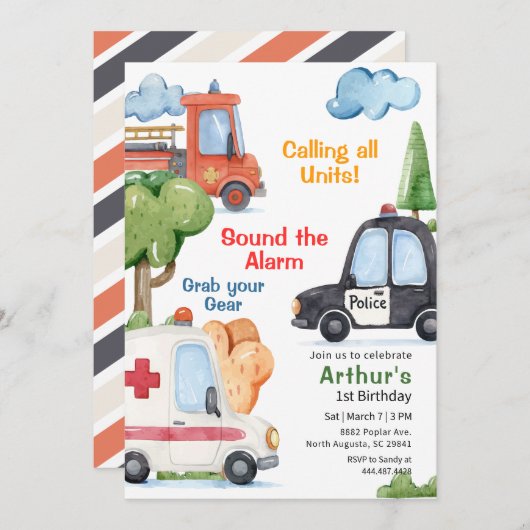 Emergency Vehicles Any Age Birthday Kaart (Voorkant / Achterkant)