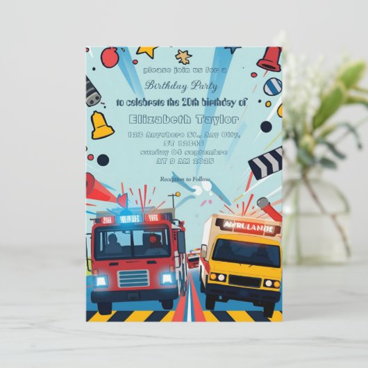 Emergency Vehicles party  invitation    Kaart (Staand voorkant)