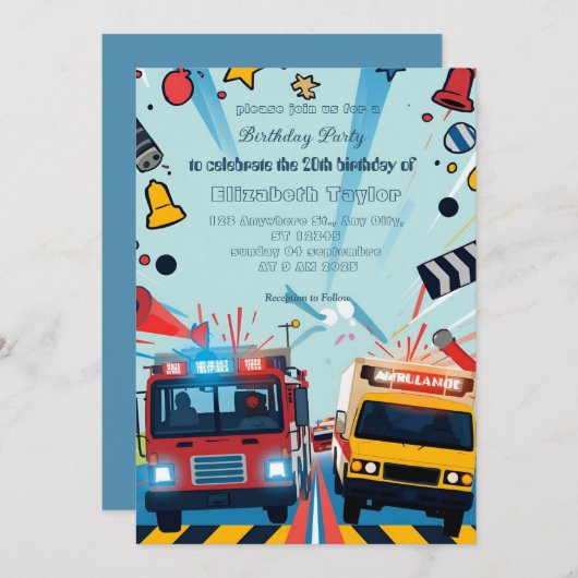 Emergency Vehicles party  invitation    Kaart (Voorkant / Achterkant)