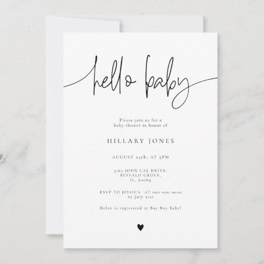 EMERY | Elegant kalligrafie Baby shower Hallo baby Kaart (Voorkant)