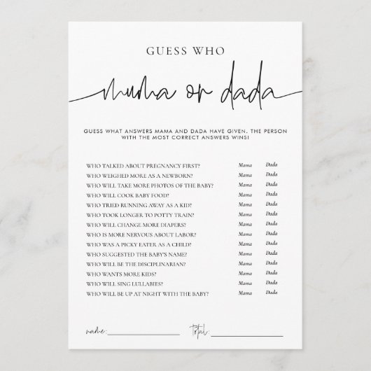 EMERY Whimsi Mama of Dada Baby shower Game Kaart (Voorkant)