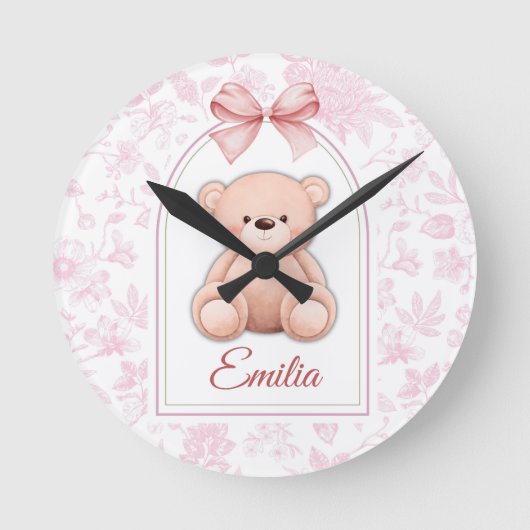 Emilia | Aangepaste Roze Teddybeer Nursery Design Ronde Klok (Voorkant)