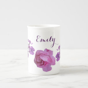  Emily naam roze roos paarse bloemen Porselein Kop