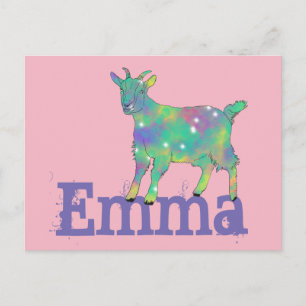 Emma Add Name Colorful Green Goat Cute Animal Art Briefkaart