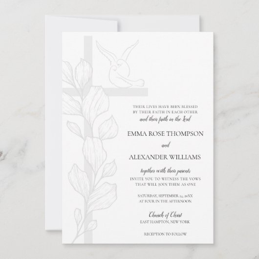 Emma Elegant Cross & Doves Christelijk Wedding Kaart (Voorkant)