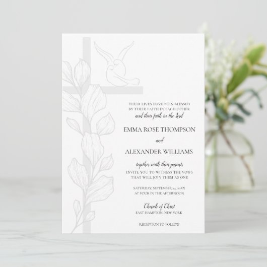 Emma Elegant Cross & Doves Christelijk Wedding Kaart (Staand voorkant)