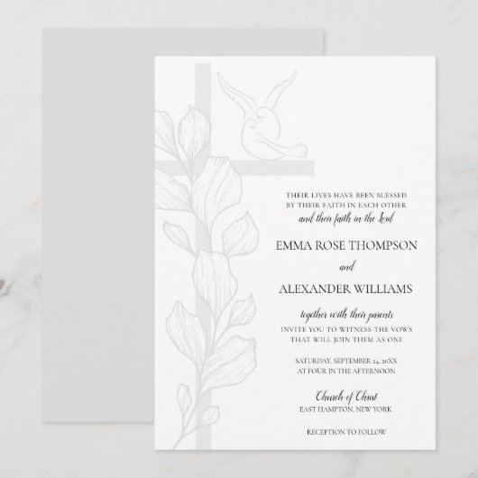 Emma Elegant Cross & Doves Christelijk Wedding Kaart (Voorkant / Achterkant)