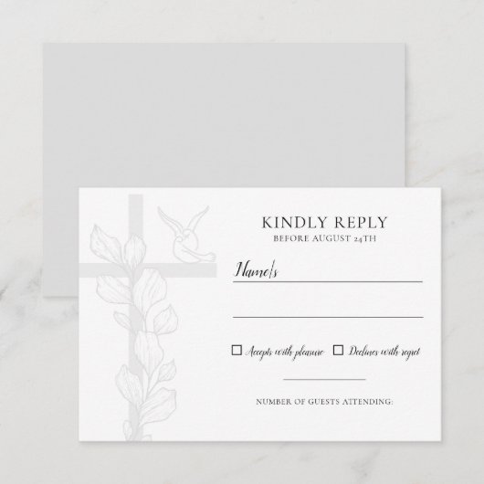 Emma Elegant Cross & Doves Christelijk Wedding RSVP Kaartje (Voorkant / Achterkant)