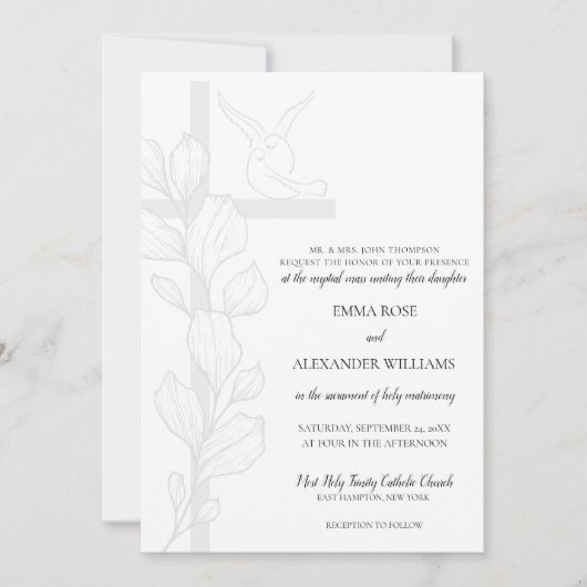 Emma Elegant Cross & Doves katholieke bruiloft Kaart (Voorkant)