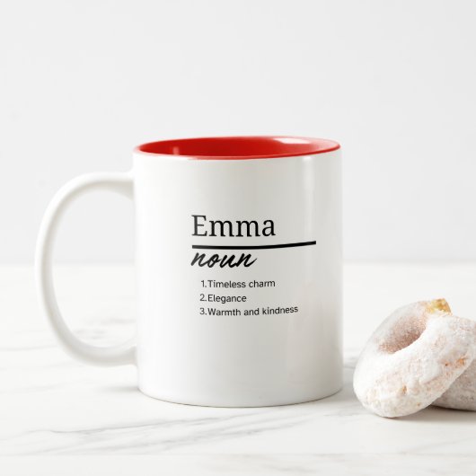 Emma, gepersonaliseerde naamdefinitie tweekleurige koffiemok (Met donut)