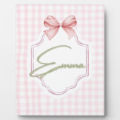 Emma gepersonaliseerde roze strik & gingham print fotoplaat (Voorkant)