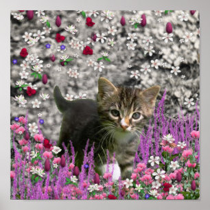 Emma in Flowers I - Little Grey Kitty Cat Poster