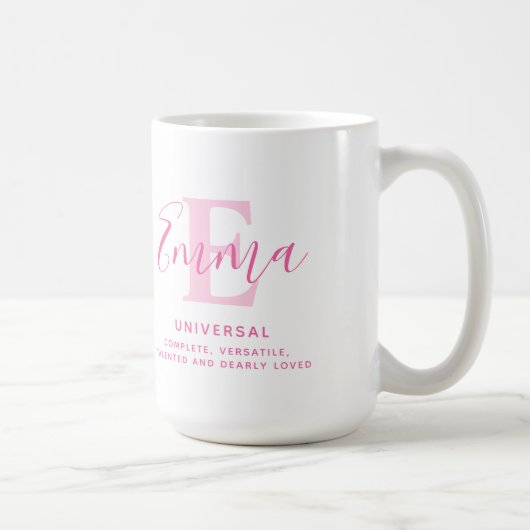 Emma-naam: betekenis en roze monogram tekst koffiemok (Rechts)