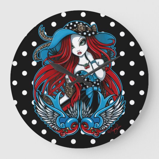 Emma Rockabilly Swallow Angel Polkadot Clock Grote Klok (Voorkant)