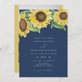 EMMA Rustic Navy Blue Waterverf Sunflower Wedding Kaart