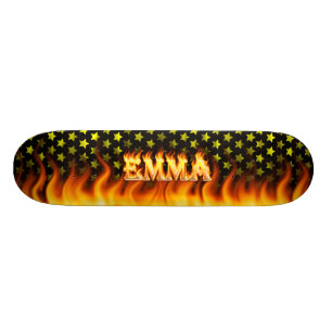 Emma skateboard brand en vlammenontwerp.