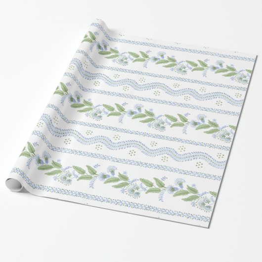 Emma Stripe Cornflower Blue en Green Cadeaupapier (Uitgerold)