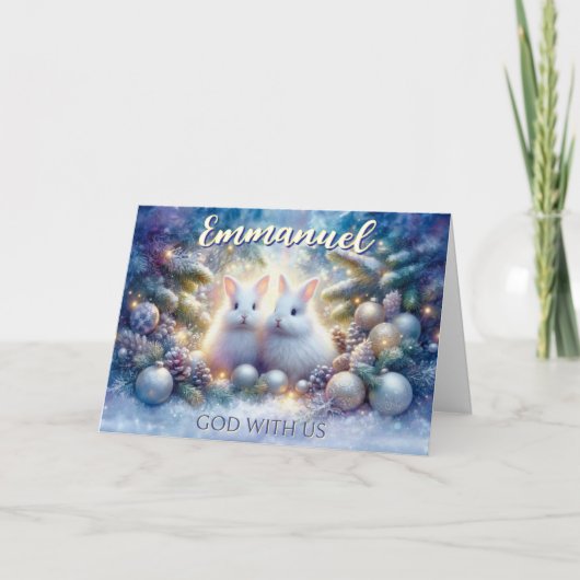 Emmanuel Bijbelvers Schattigee kerst Sneeuwkonijne Feestdagen Kaart (Voorkant)