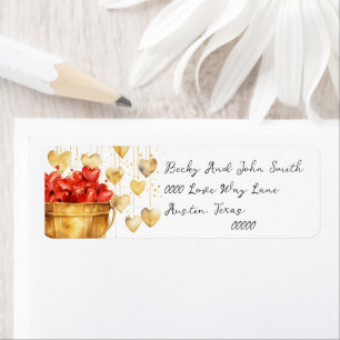 Emmer vol met rode harten en gouden liefdesharten etiket