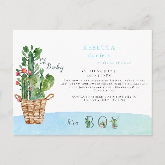 Emmers van Cacti Blue Oh Baby shower door Mail Ann Aankondigingskaart (Voorkant)