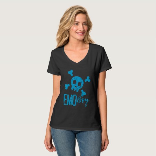 Emo Boy Blue Skull Emo Gothic Muziek Emotionele Ti T-shirt (Voorkant volledig)