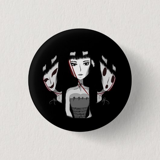 Emo Meisje Handgetekend Zwart Ronde Button 3,2 Cm (Voorkant)