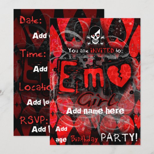 emo meisje party uitnodigen kaart (Voorkant / Achterkant)