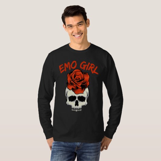 Emo Meisje Roze Schedel Met Roos Emo Gothic Emotio T-shirt (Voorkant volledig)