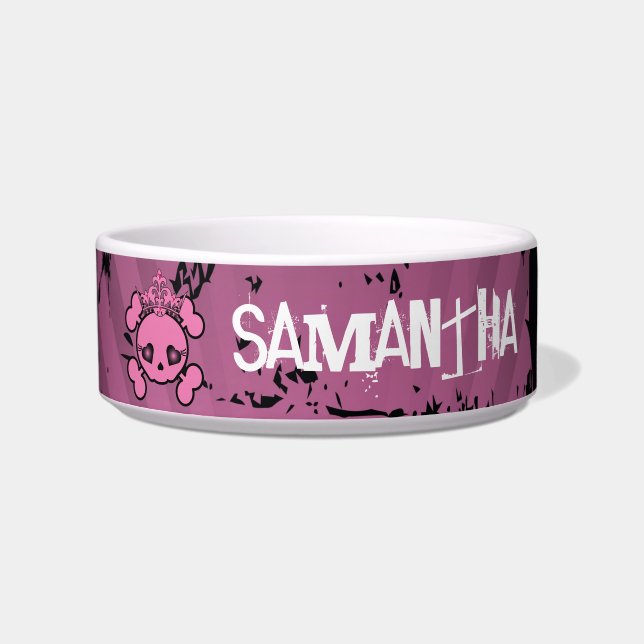 EMO Roze schedel Crossbones Girly Pet Food Bowl Voerbakje (Voorkant)