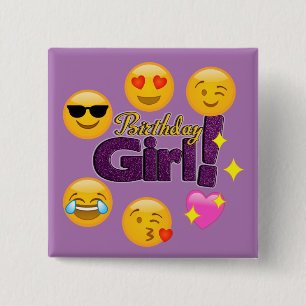 Emoji Birthday Girl Vierkante Button 5,1 Cm