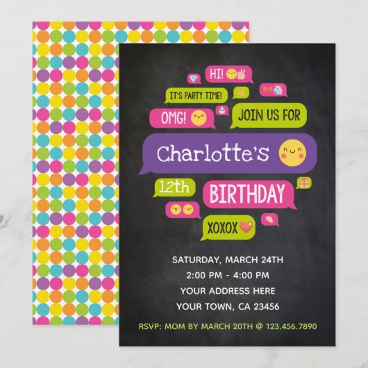 Emoji Birthday Invitation Chalkboard Kaart (Voorkant / Achterkant)