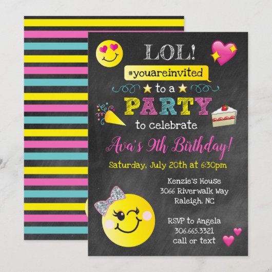 Emoji Birthday Party - Chalkboard Kaart (Voorkant / Achterkant)