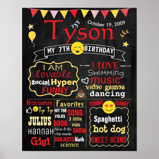 Emoji Birthday party chalkboard tekenrode jongen Poster (Voorkant)