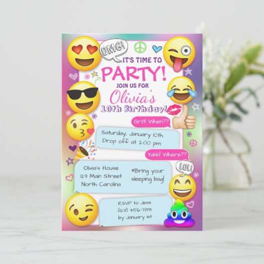Emoji Birthday Party Invitations, Girl Emoji Party Kaart (Staand voorkant)